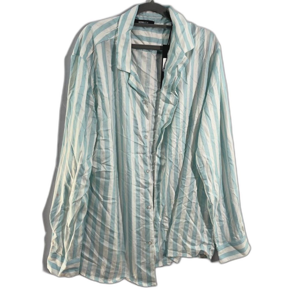 NWT Nova Men Light Blue Striped Laid Back Long Sleeve Woven Top Large